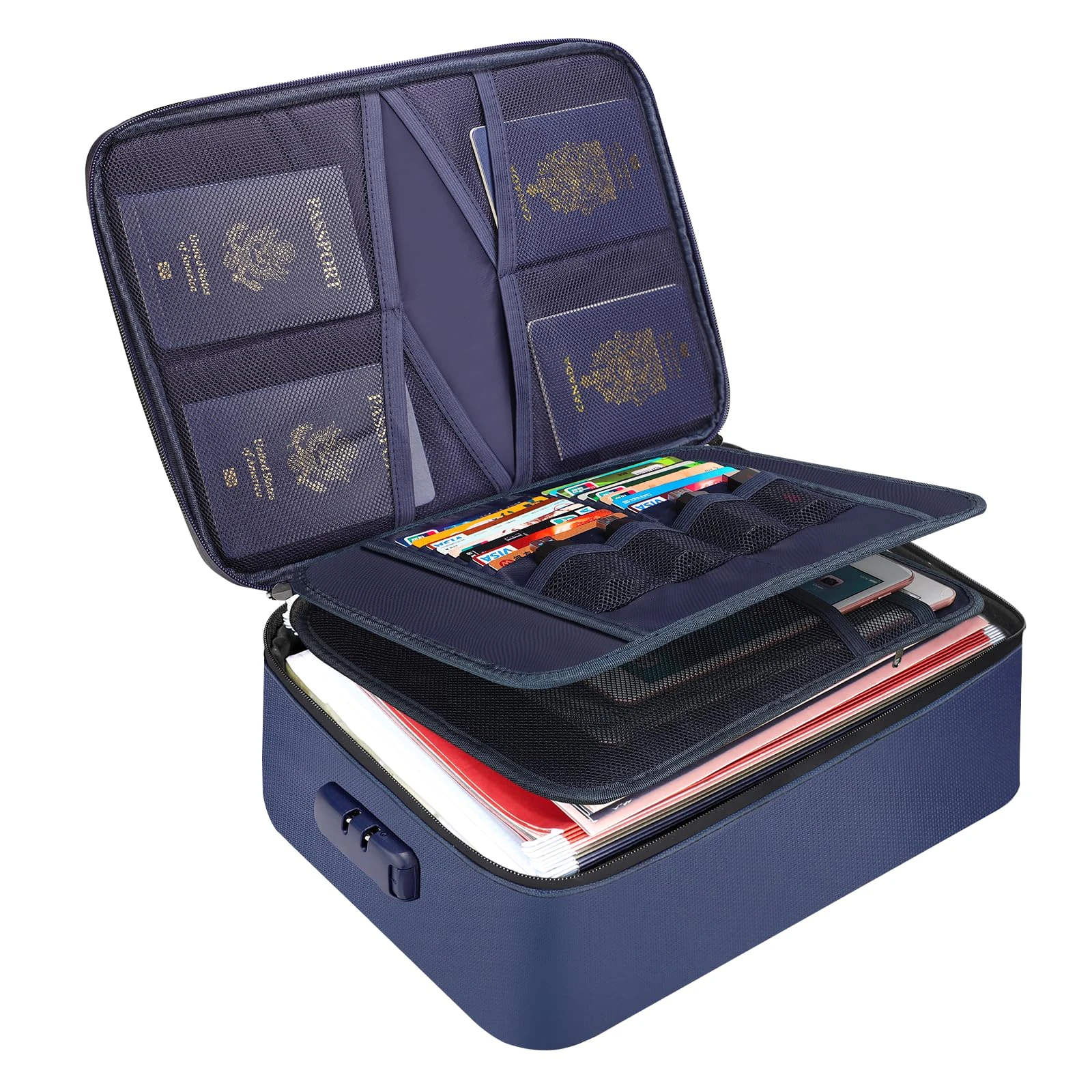 Tamfile Fireproof Document Box, 14.2''×10.6''×4'' Waterproof Document Organiser Bag with Lock, Portable File Storage Box for Passports, Certificates, Important Documents and Valuables, Navy Blue