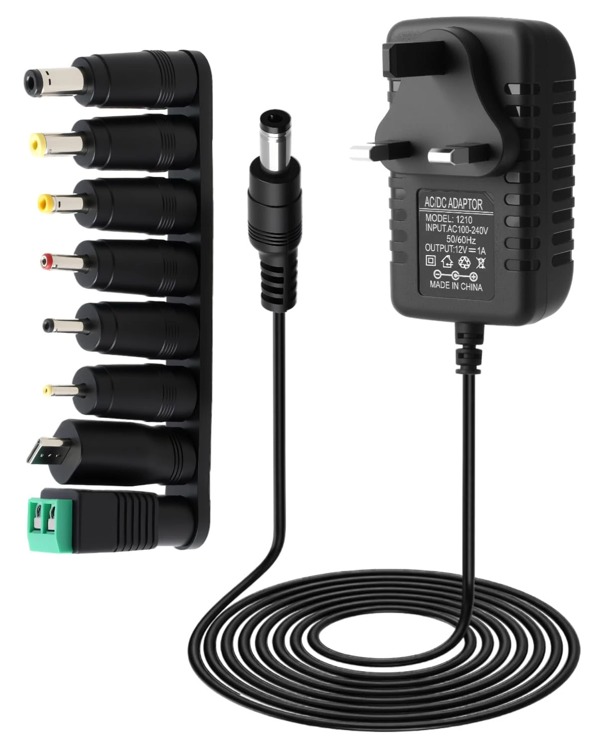 Universal Power Supply Adapter 12V 1A 12W AC to DC with 8 Interchangeable Tips, 100-240V 50-60Hz, 5.5x2.1mm Multi Plug Charger Cord for LED Lights, Router, Laptop, CCTV, MP3