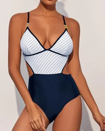 Generic Women's High Waisted V Neck One Piece Swimsuit - Navy Stripes