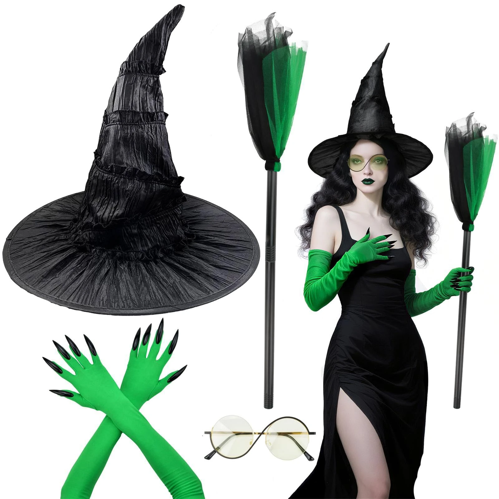 Halloween Witch Costume Set with Witches Hat, Broom, Green Gloves, S-Shaped Glasses Witch Accessories Set Costumes Adult Women for Halloween Cosplay, Masquerade, Dress up Party