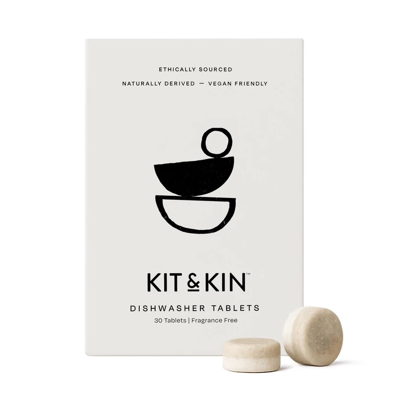 Kit & Kin Dishwasher Tablets 30 Tabs | Fragrance Free & Naturally Derived | Recyclable Plastic-free Packaging