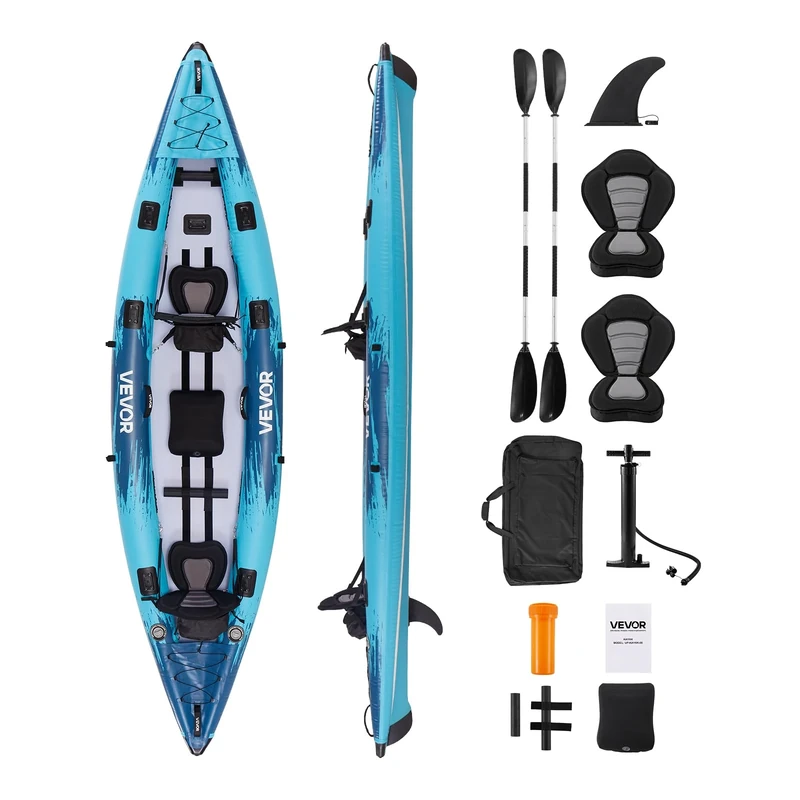 VEVOR Inflatable Kayak, 2-Person Inflatable Recreational Kayak 700LBS Capacity, Leak & Puncture-Resistant with Padded Seat, PVC Drop-Stitch Floor, 2 Paddles, Hand Pump & Carry Bag for Fishing Camping
