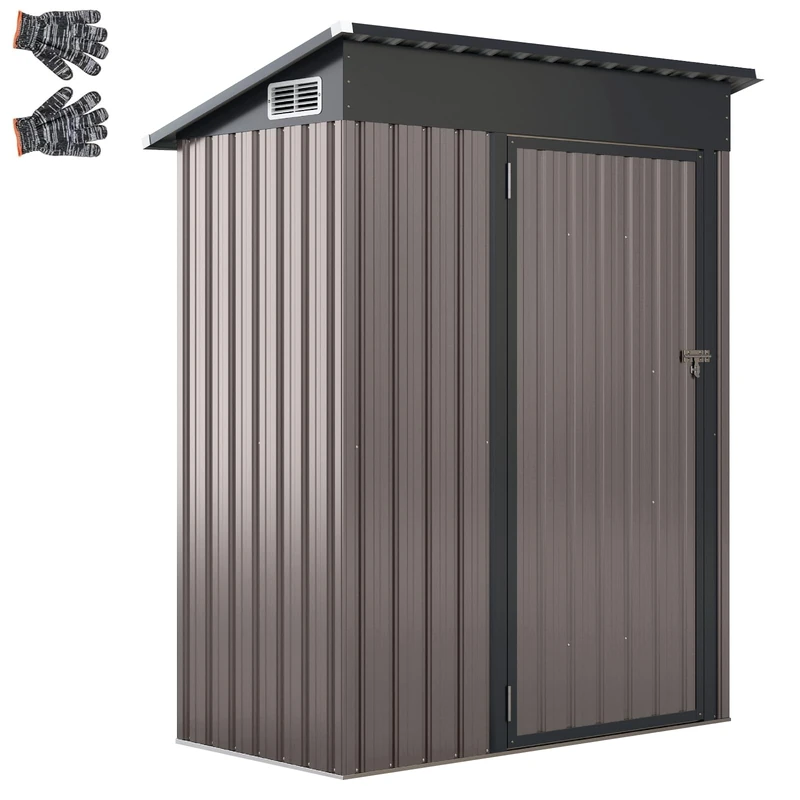GiantexUK 5x3FT Metal Garden Shed, Galvanized Outdoor Storage Shed with 2 Air Vents, Lockable Door & Slope Roof, Utility Tool House Building for Backyard Patio Garbage Bike (150x88x185cm, Warm Grey)