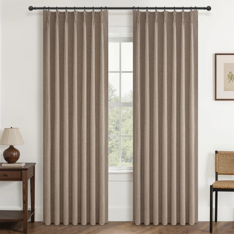 Dark Flax Living Room Curtains 86 Inches Long,Tan Pinch Pleated Linen Window Curtain Total Blackout Burlap Sunblock Thermal Drapes for Winter Cabin/Office/Nursery Room Divider (40"x86" 2panels)