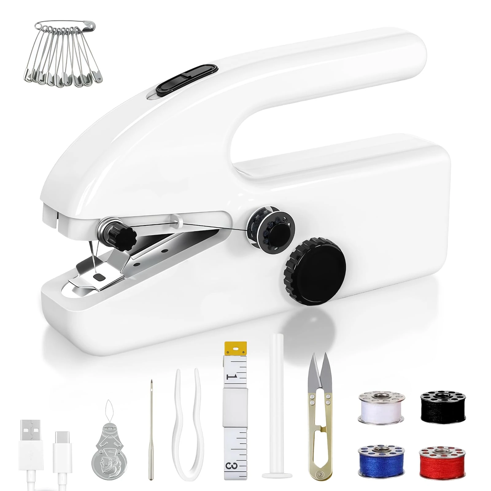 Handheld Sewing Machine, Mini Cordless Hand Sewing Machine for Beginners, 2 Speed Adjustment Electric Portable Stitching Machine, Easy to Use and Fast Stitch for Adults, DIY, Home, Traveling (White)