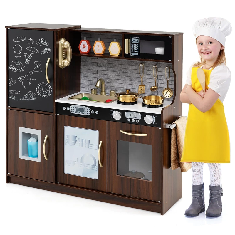 GYMAX Pretend Play Kitchen, Toddler Kitchen Playset (Coffee)