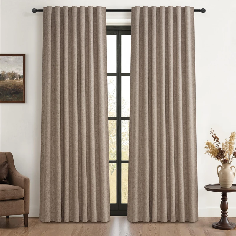 100% Blackout Curtains 86 Inch Length 2 Panels Set Farmhouse Style for Bedroom Windows/Living Room Thermal Insulated Neutral Boho Drapes Linen Blend Chocolate Dark Flax Long Hook Belt Pleated