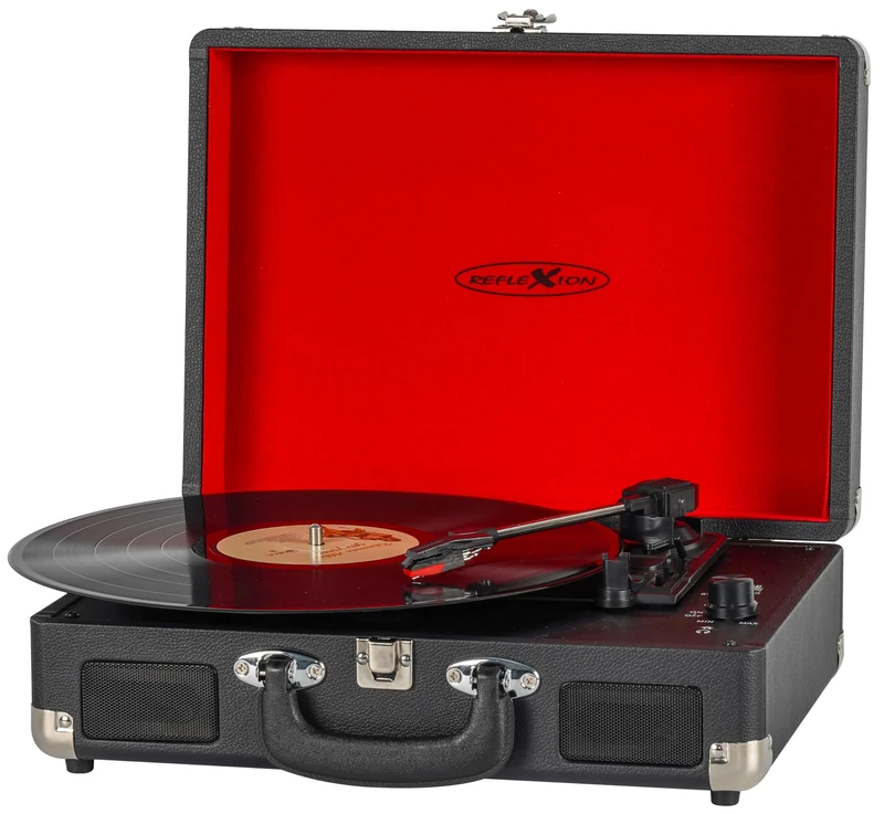 Reflexion HIF1979BT Retro Turntable Bluetooth 5.1 MP3 Recording to USB Speaker AUX 3 Speed Portable Wooden Look Suitcase Turntable with Leather Design - Image 1