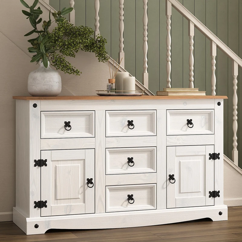 Corona White Sideboard 2 Door 5 Drawer Solid Pine Wood