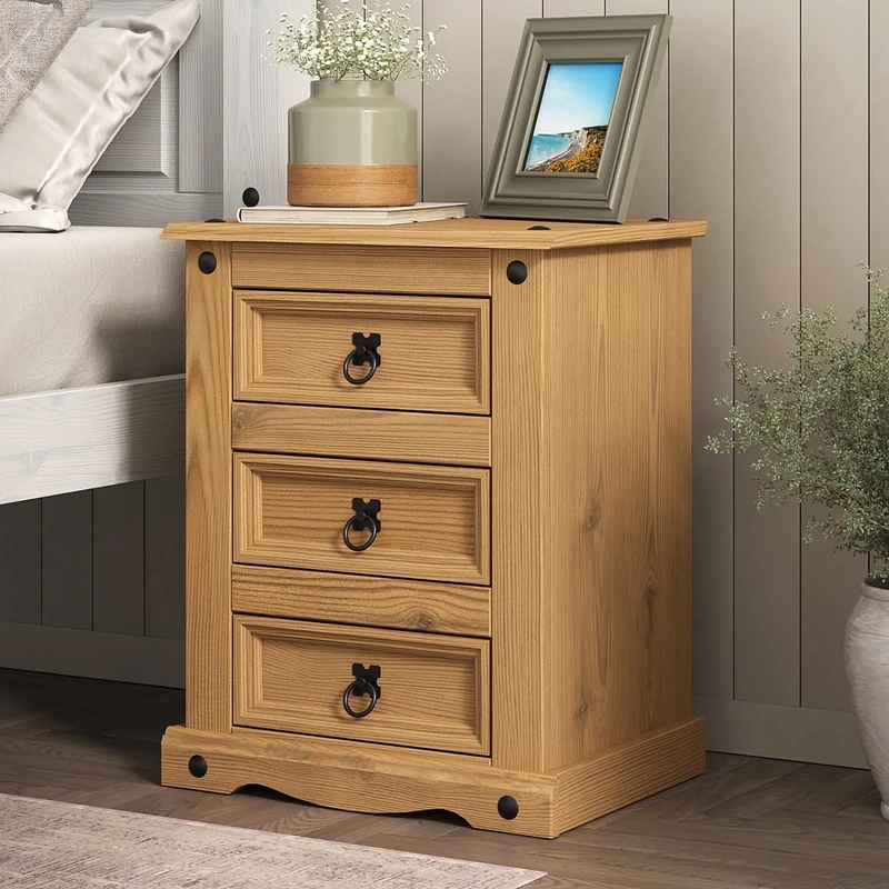 Corona Bedside Table Cabinet Large Nightstand 3 Drawer Solid Pine Wood