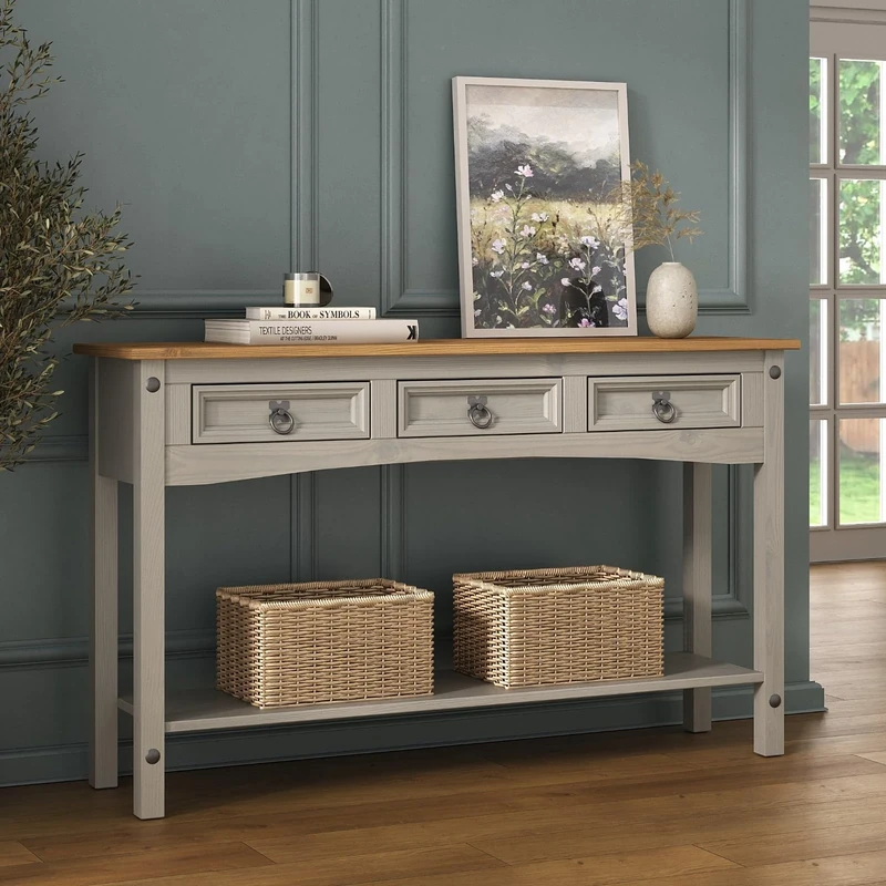 Corona Console Table Grey 3 Drawer Solid Pine Wood