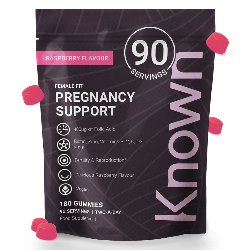 Known Pregnancy Support Multivitamin Gummies – 400µg Folic Acid – for Maternal Health – Natural Raspberry Flavour – 180 Vegan Gummies, 3 Month Supply