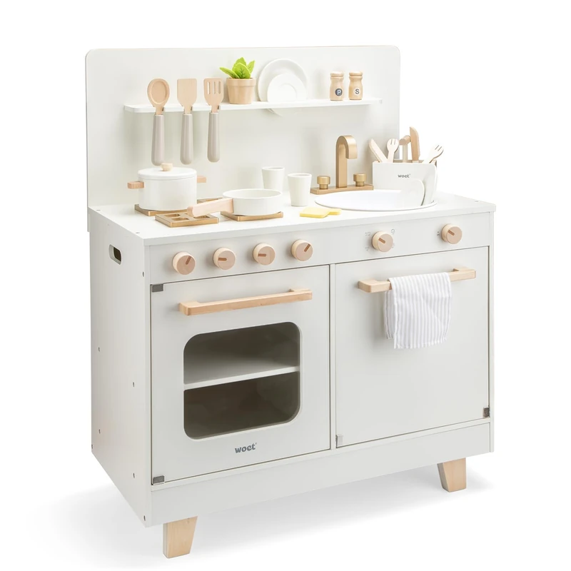Woet – Wooden Play Kitchen with Dishwasher for Kids Age 3+ – Pretend Play Kitchen with Oven, Sink & 23 Accessories – FSC Chef Role Play Kitchen for Boys and Girls – White Toy Kitchen Playset