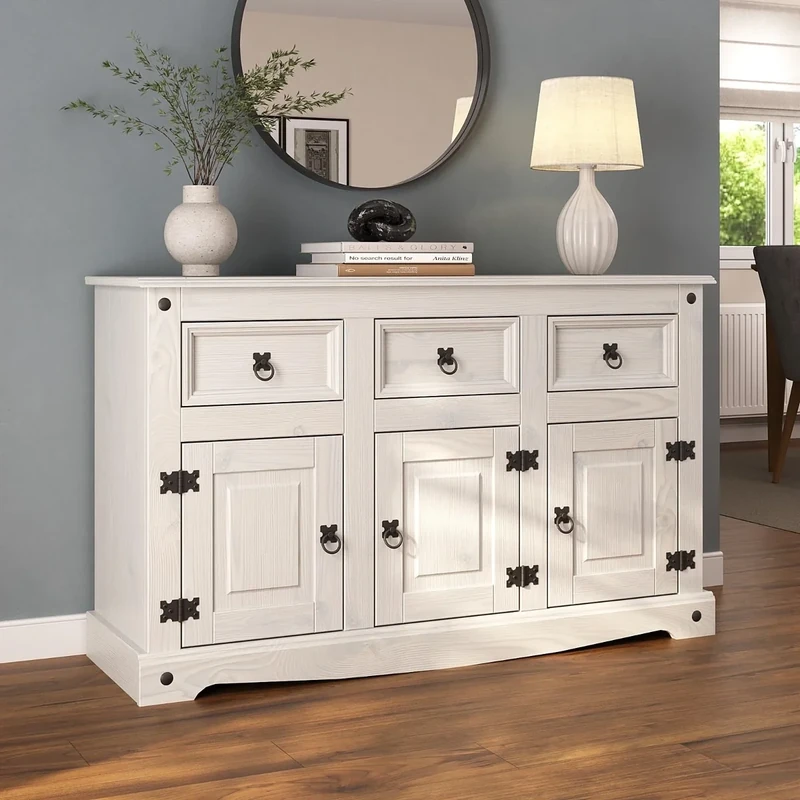 Corona Sideboard All White Country 3 Door 3 Drawer Soild Mexican Pine Wood