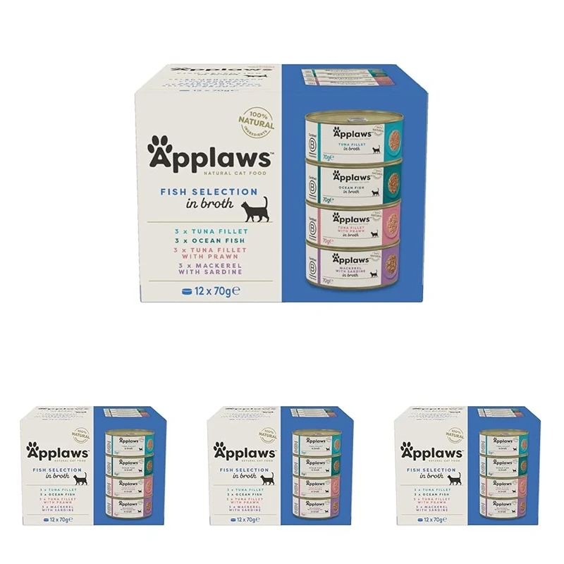 Applaws Natural Wet Cat Food, Multipack Fish Selection in Broth 70 g Tin (Pack of 48)