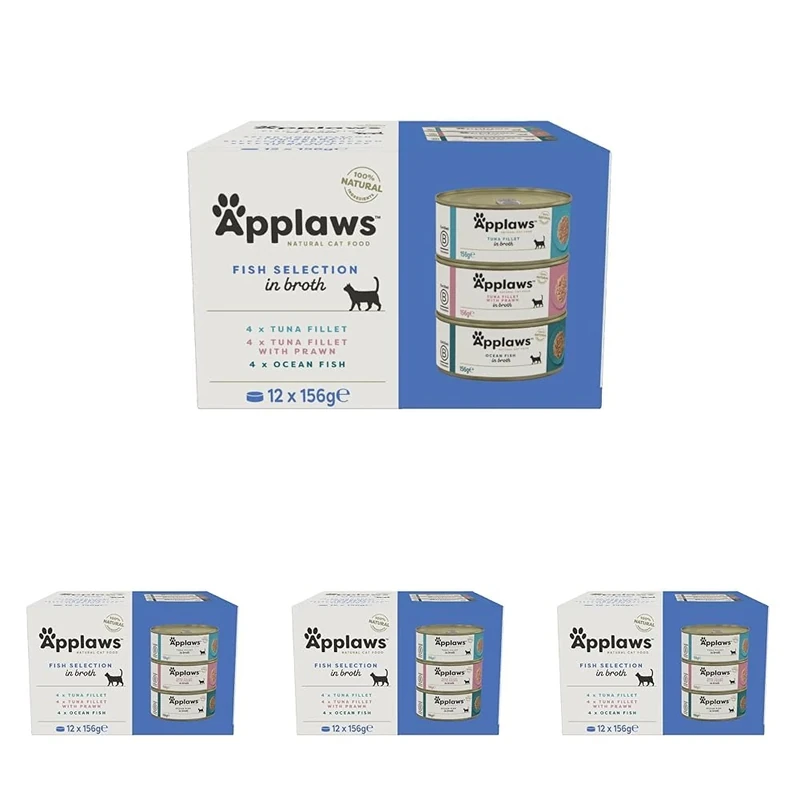 Applaws 100% Natural Wet Cat Food, Multipack Fish Selection in Broth 156 g Tin (Pack of 48)