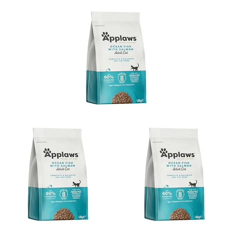 Applaws Complete and Grain Free Dry Cat Food, Adult Ocean Fish with Salmon, 1.8kg (Pack of 3)