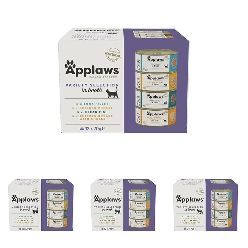Applaws Natural Wet Cat Food, Multipack Chicken and Fish Selection in Broth 70 g Tin (Pack of 48)