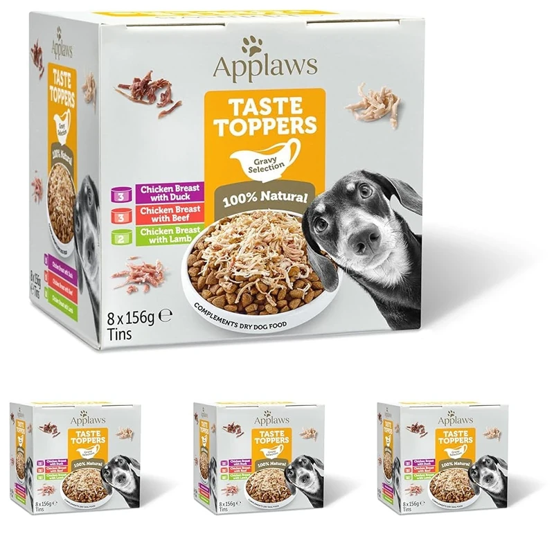 Applaws 100% Natural Wet Dog Food Tin, Grain Free Chicken and Meat Selection in Gravy 8 x 156g Tins (Pack of 4)