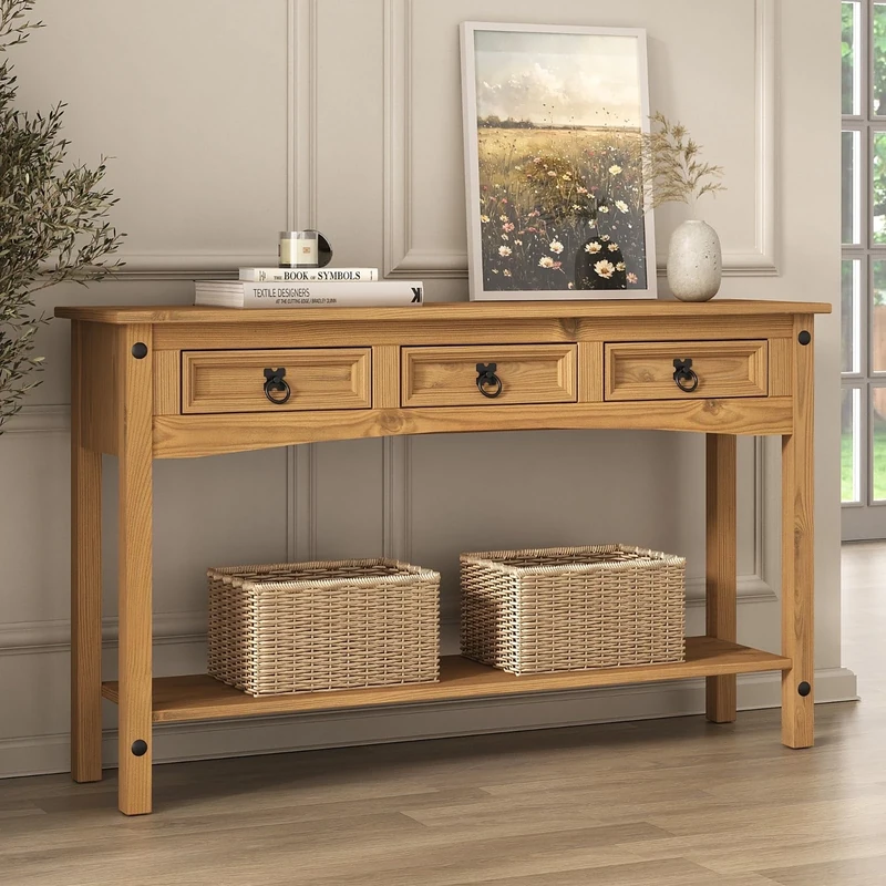 Corona Console Hall Table 3 Drawer Solid Pine Wood