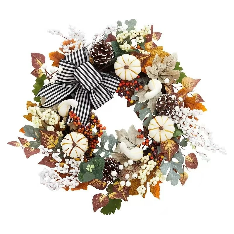 45cm Autumn Wreath,18 inch Artificial Fall Wreath with Pumpkins Flower Garland Berries Pine Cones Maple Leaves for Thanksgiving Halloween Front Door Wall Hanging Decoration