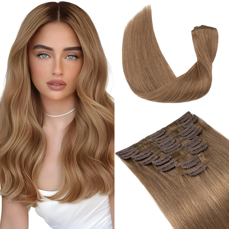 Elailite Clip in Human Hair Extensions Real Natural Hair 8 Pieces Thin Weft Remy Hair Straight - #12 Golden Brown - 18 Inch (70 g)