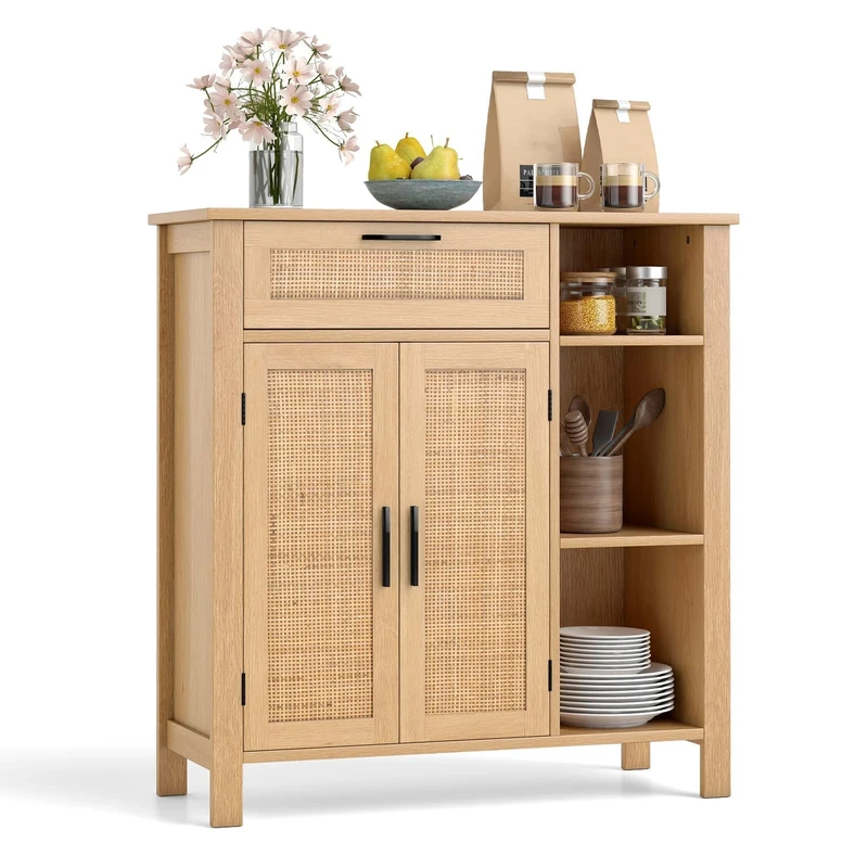 FANTASK Wooden Kitchen Cabinet, Sideboard with Open Compartments, Rattan Weave Doors & Drawers, Buffet Cabinet for Living Room, Kitchen & Dining Room, 75 x 30 x 80 cm