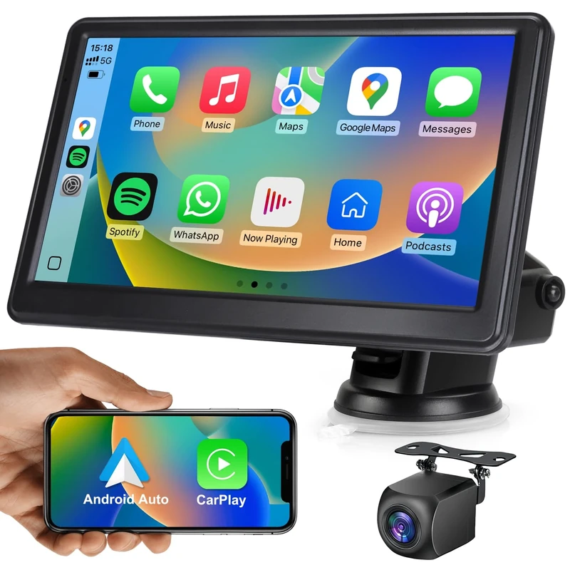 Wireless CarPlay & Android Auto Screen, 7 Inch Portable Car Stereo with Reversing Camera, Car Audio Receivers with Bluetooth Hands-free Calling, GPS Navigation, Voice Control, Mirror Link, FM, AUX