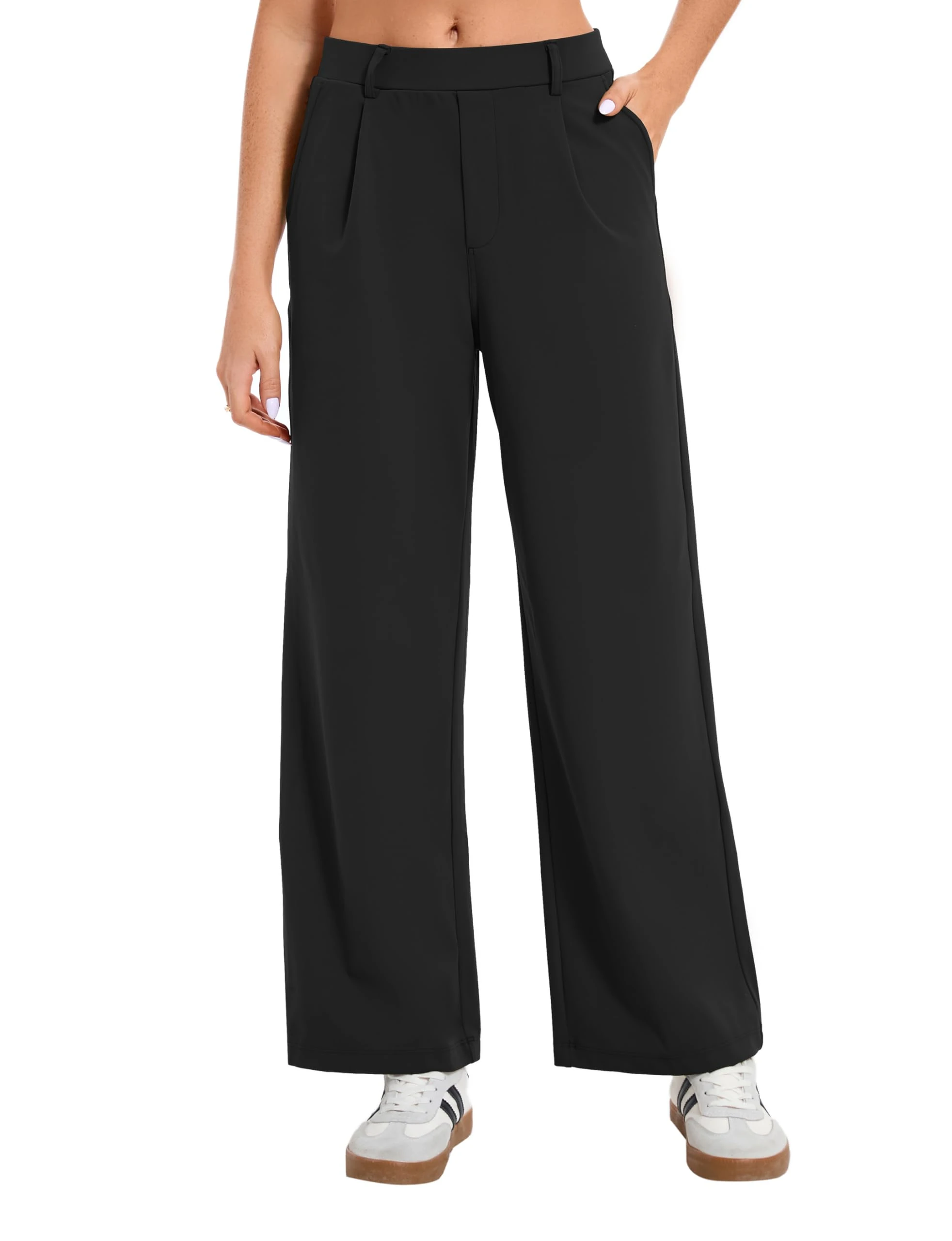Oyamiki Women Trousers Elasticated High Waist Black Work Suit Pants Fashion Elegant Wide Leg Petite Length with Pockets S