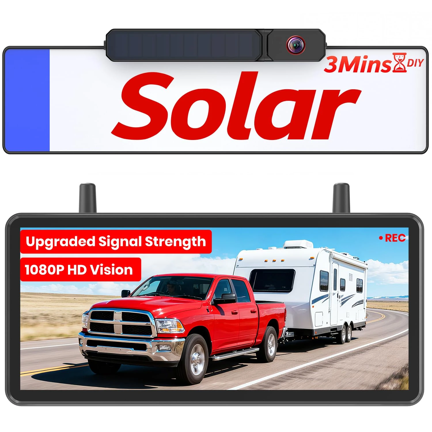 AUTO-VOX Solar Wireless Reversing Camera Kit: 7.2" HD Split-Screen, Dual Antenna Signal Upgrade, 3-Minute Easy Install, 1080P Color Night Vision, DVR Recording Reverse Camera for Car, Van, Trailer