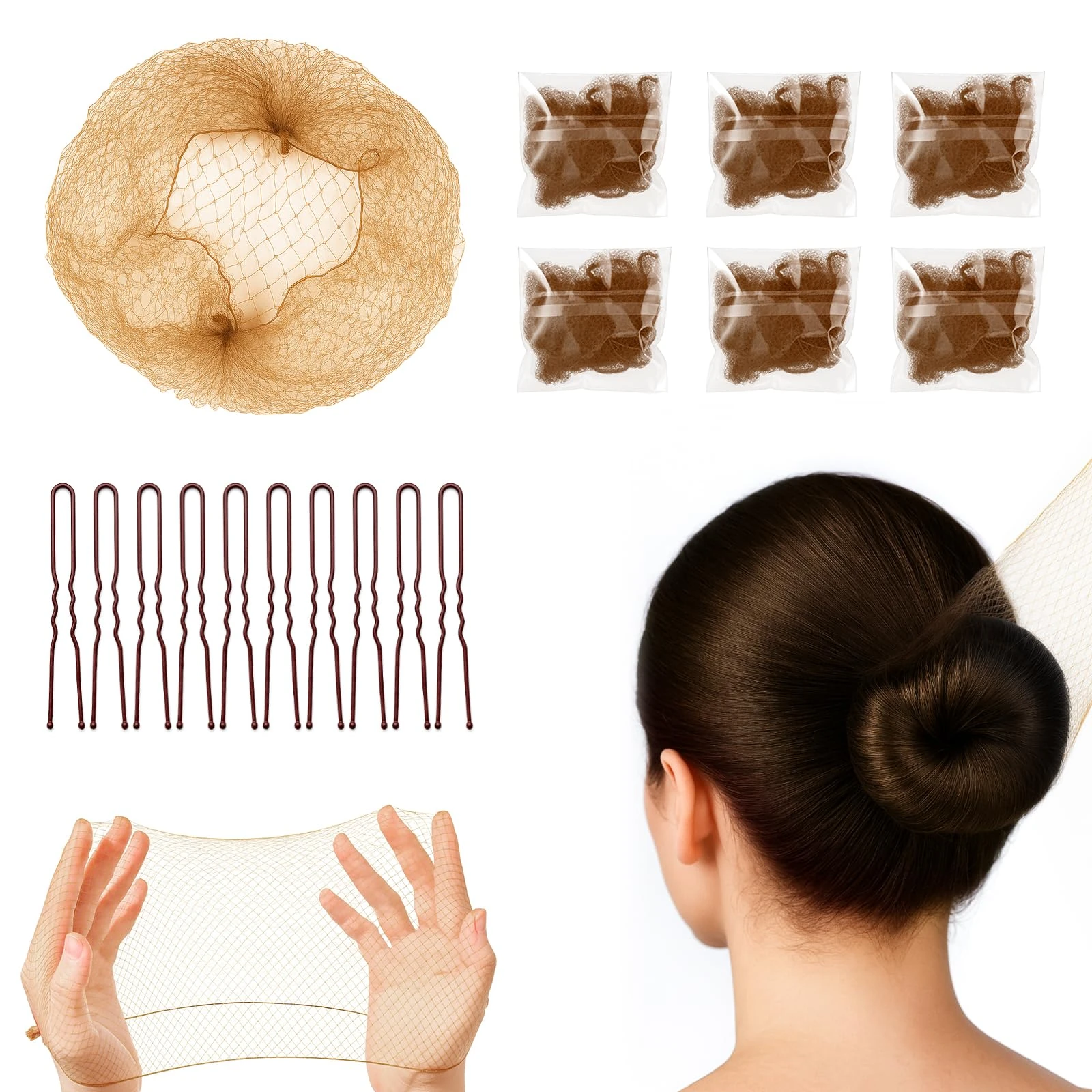 YISCOKO Hair Nets for Buns,20 PCS Bun Nets With 20 Pcs U-Shaped Pins for Women 50cm/20inch Invisible Bun Net for Girls,Ballet Dancers,Chefs, Nurses,Flight Attendants(Brown)