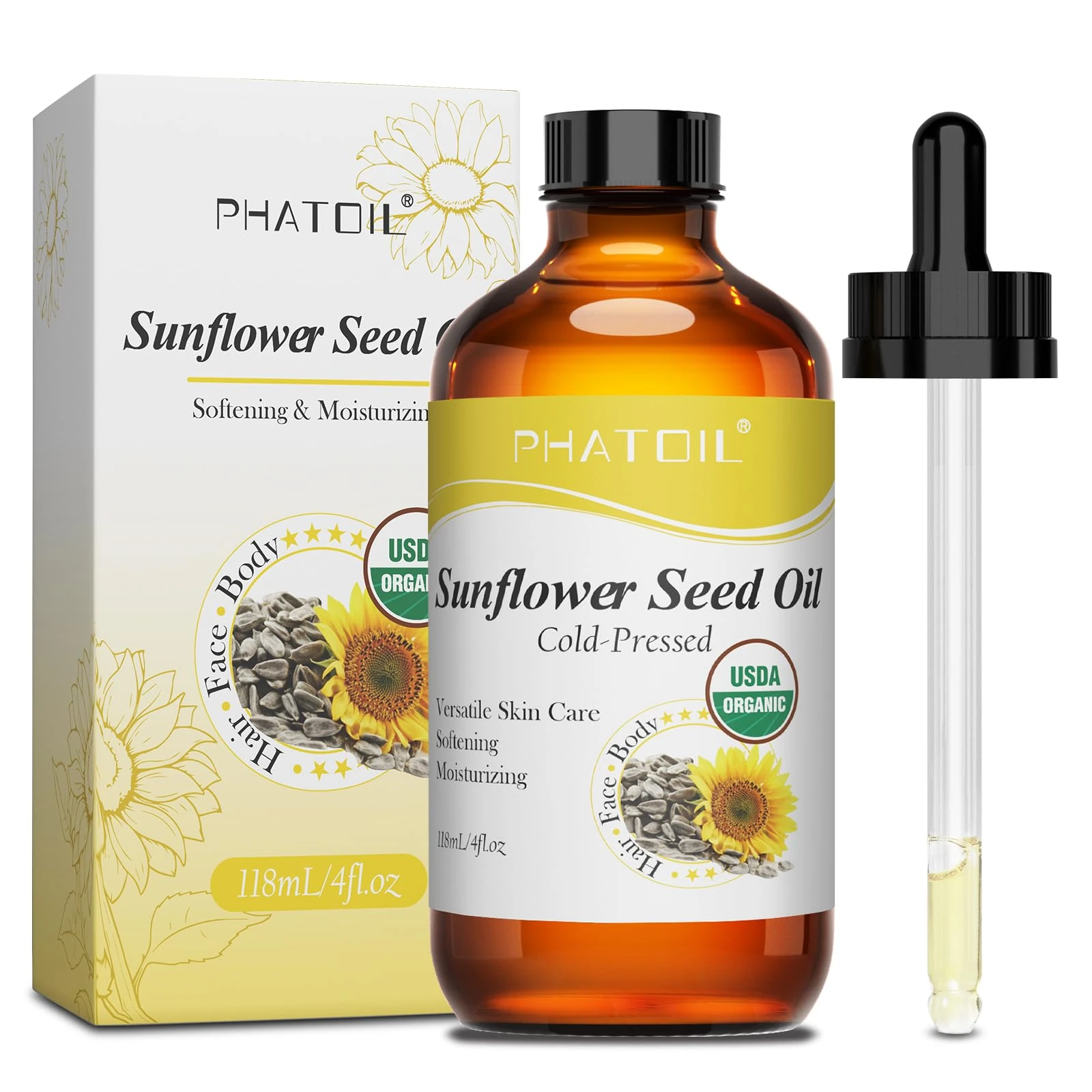 PHATOIL 100% Pure Organic Sunflower Seed Oil 118ml, USDA Certified Cold-Pressed Sunflower Oils for Hair Growth, Massage Carrier Oil for Skin, Face, Body Nourishing & Moisturising