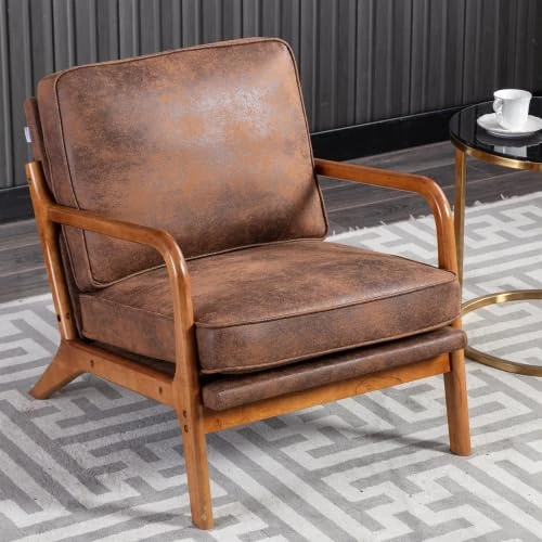 FurnitureR Accent Chair Mid-Century Modern Armchair with Solid Wood Frame, Cushion Seat Pad, For Living Room, Home Office Reception