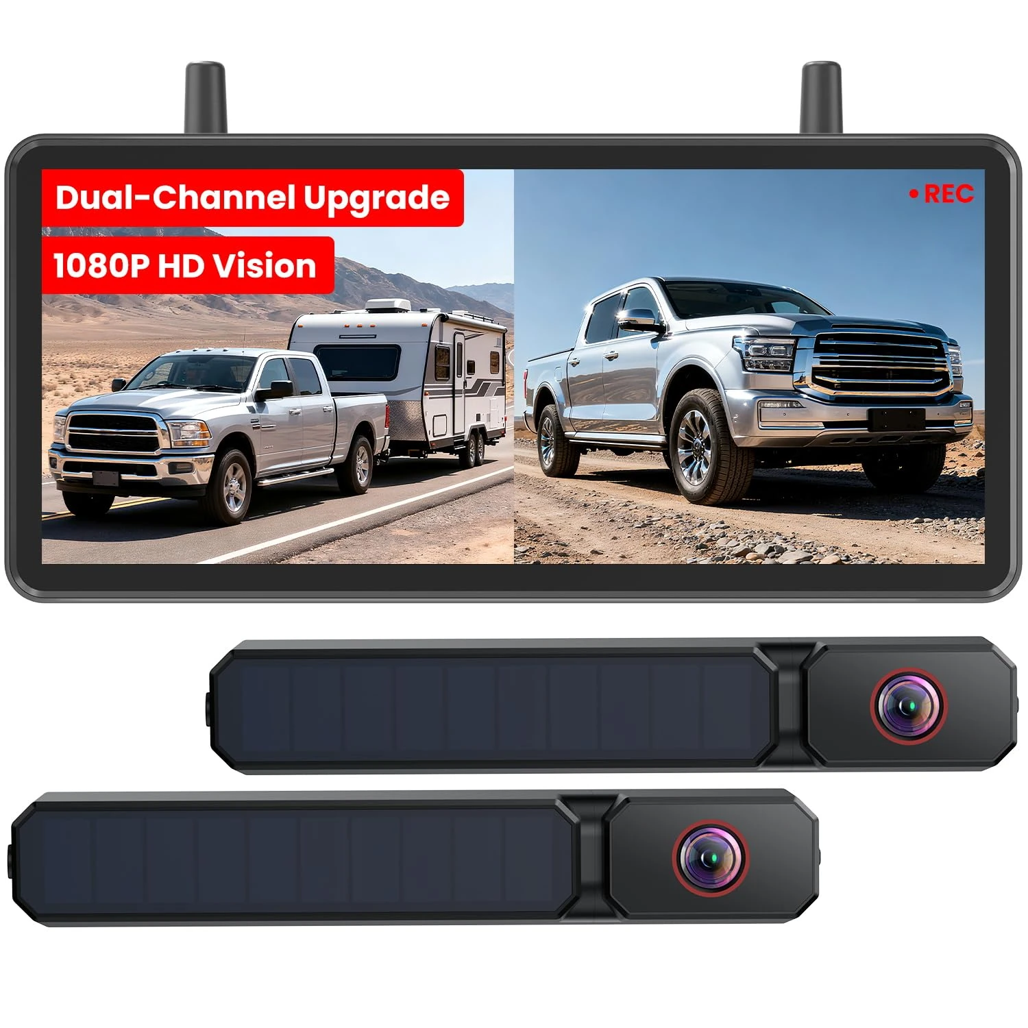 AUTO-VOX 2 Solar Wireless Reversing Camera Kit: Dual Cameras for Wider Coverage, 7.2" HD Split-Screen Monitor, Dual Antenna Signal, DVR Recording, IP69K Waterproof Reverse Camera for Van,Trailer