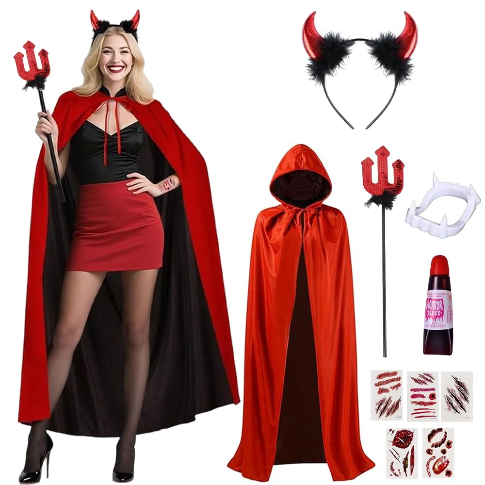 Yi'antai Devil Costume Women's Halloween Costume for Women, Devil Costume with Devil Horns, Devil Cape with Devil Fork, Headband Devil Horns with Tattoo Vampire Teeth and Artificial Blood