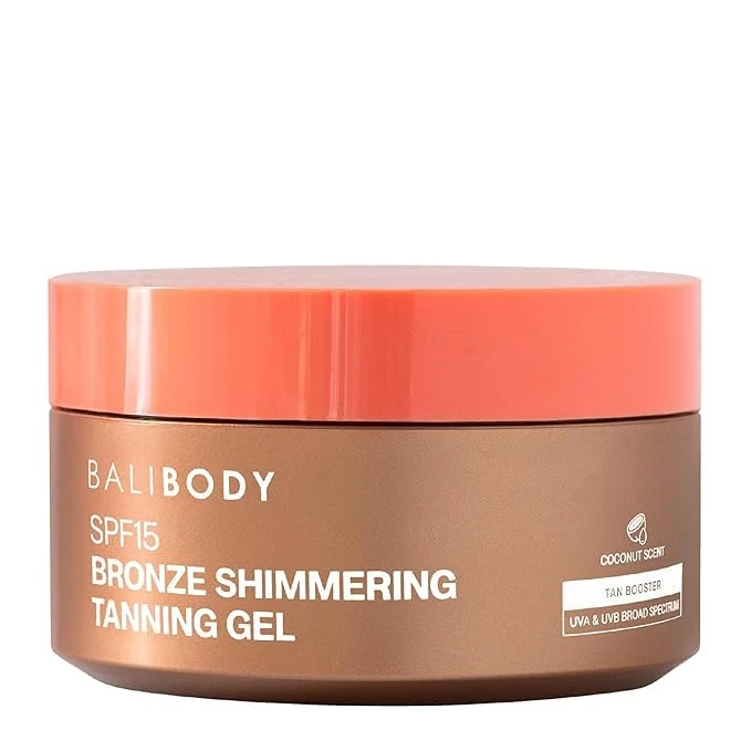 Bali Body Bronze Shimmering Tanning Gel SPF 15 – Sun-Kissed Glow with Coconut Scent, Carrot Root & Vitamin E – Organic Bronzer & Shimmer Sunscreen for Quick Tan, Hydration & Even Skin Tone