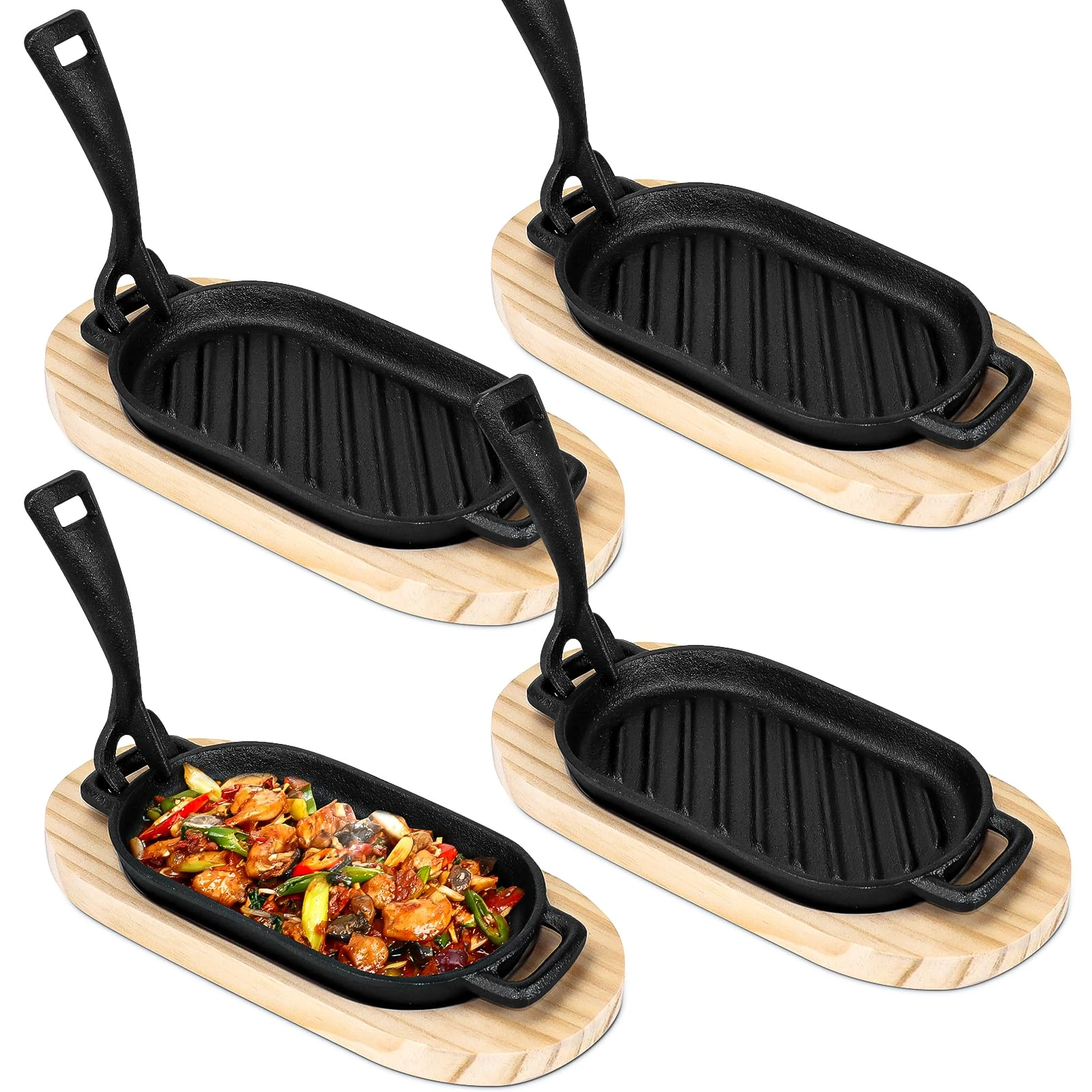 OGMBI 4 Pcs Cast Iron Fajita Skillet Pan Set, 22 x 11 cm Sizzling Steak Plate with Wooden Base and Removable Handle, Pre-Seasoned Grill Frying Pan for Home Restaurant Kitchen Party Cooking Barbecue