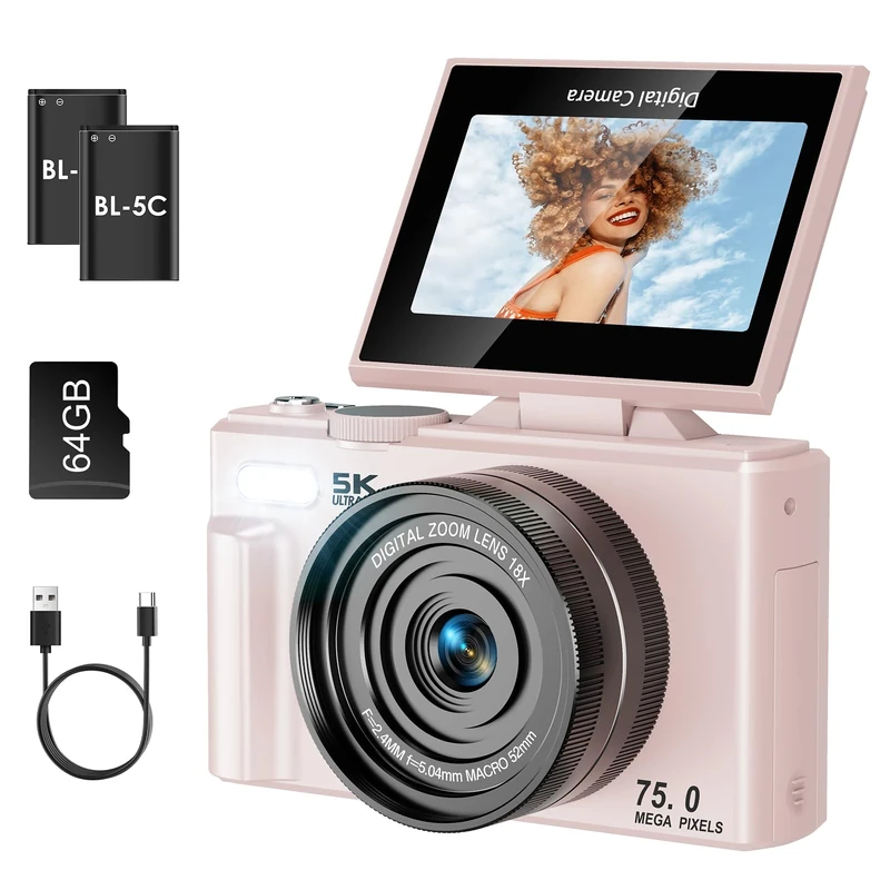 Nsyee 5K Digital Camera, with WIFI Transfer, 75MP Autofocus YouTube Vlog Camera, 180° Flip 3 Inch Screen, with 64G SD Card, 18x Digital Zoom, Compact Cameras Gift for Beginner, Perfect for Teens, Pink