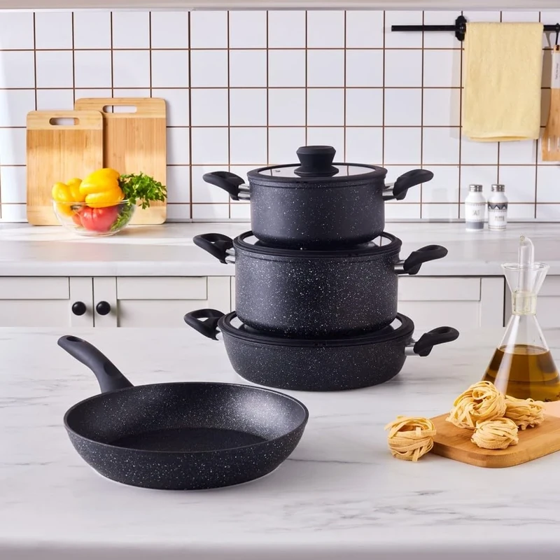 Karaca Nebula Granite 7-Piece Pots and Pan Set Non Stick, Induction Cookware Set, Durable Kitchen Cooking Pots, Easy Clean, Even Heat Distribution for All Hobs, Black