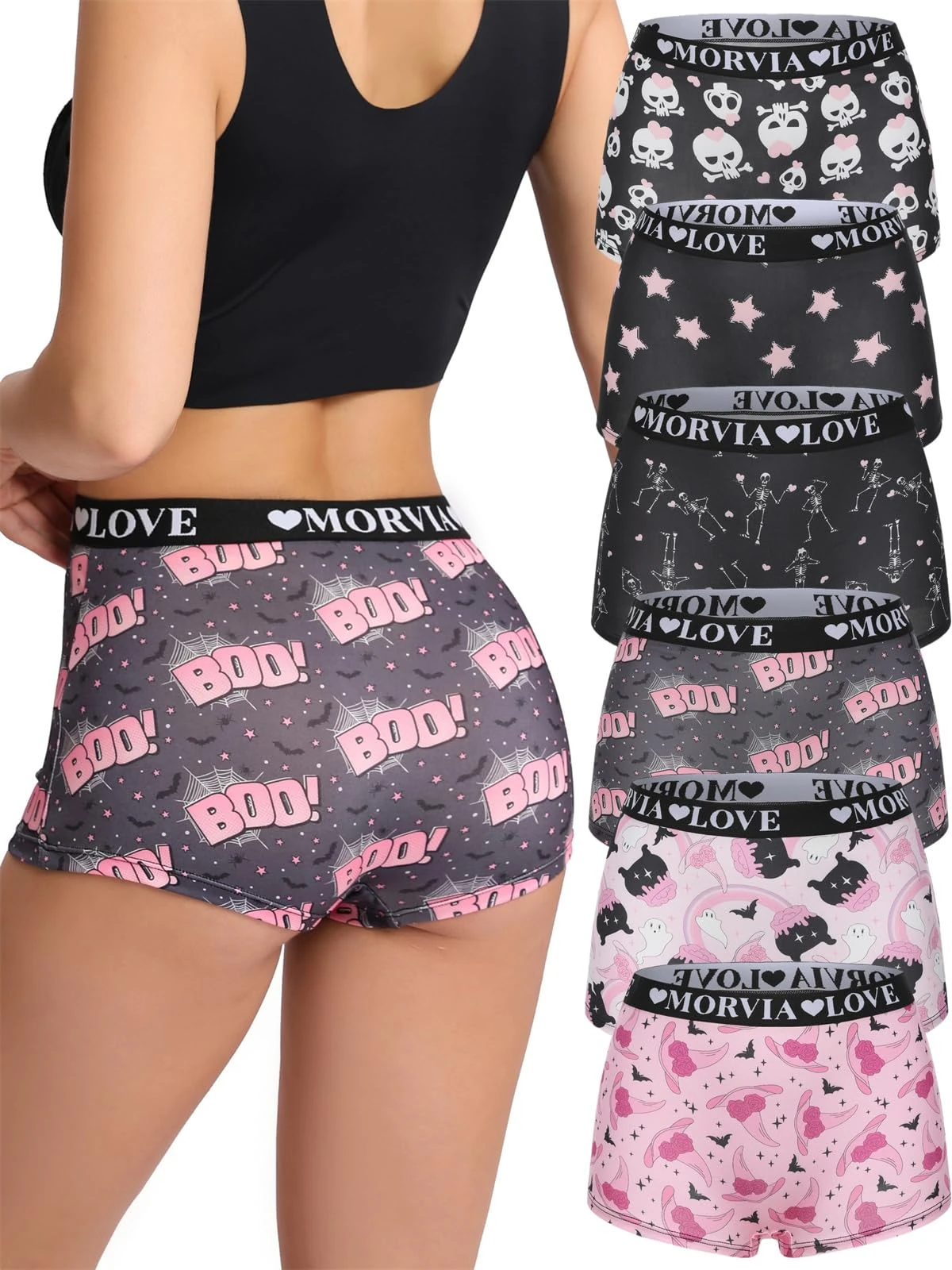 Morvia 6 Pack Gothic Halloween Print Boyshorts, High Waist Variety Underwear with Elastic Band, Skull Rose Stars Pattern, Multicolor 3, L