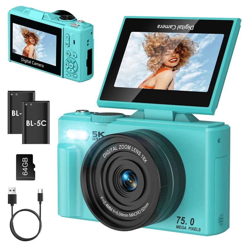 Nsyee Digital Camera, 5K 75MP Cameras for Photography with WiFi, 18X Zoom Photo, Autofocus Compact Camera, 3 Inch 180° Flip Screen, with 64GB Card, Vlogging Cameras Gift for Teens, Beginners, Blue