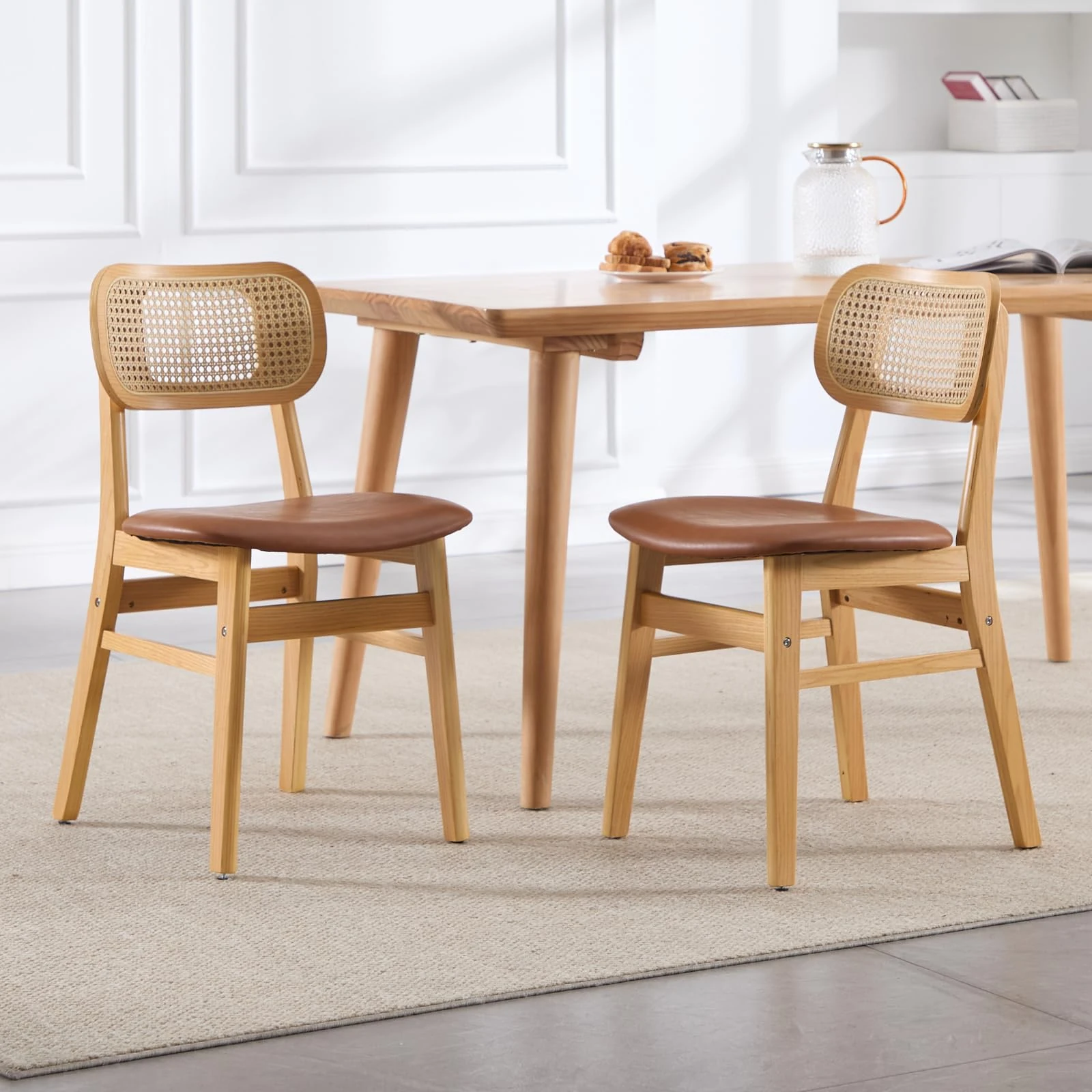 Ya-Home Rattan Dining Chairs Set of 2 Retro Comfort Padded PU Leather Kitchen Chairs with Wooden Legs for Dining Room, Brown