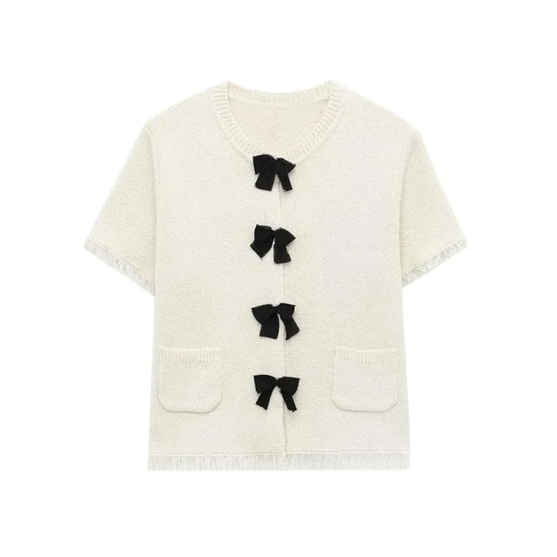 Women's Bow-Decorated Knit Top & High Waist Mini Skirt Set-White