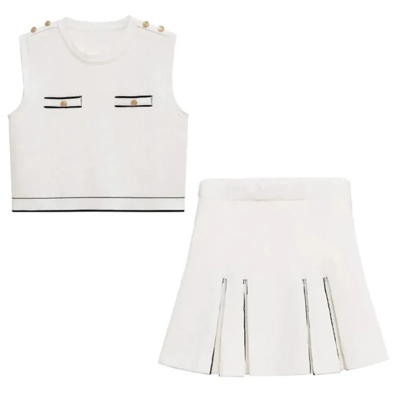 Women's Welt Pocket Sleeveless V-Neck Vest High Waist Mini Pleated Skirt Knit Sets Knitted Suit S
