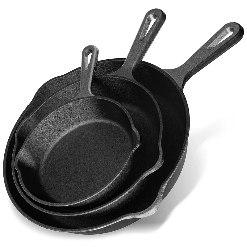 YASHE 3-Piece Cast Iron Skillet Set, Frying Pans with Seasoning Required, Durable Heavy-Duty Cast Iron Cookware,Suitable for Outdoor Use, Sizes 6", 8", and 10",Black