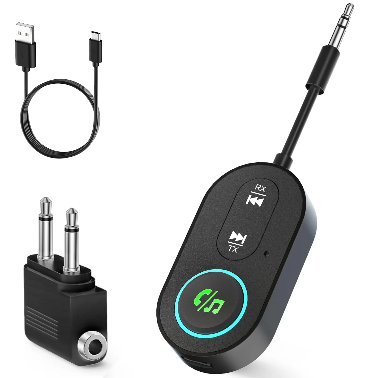 Ticenpe Bluetooth 5.3 Transmitter Receiver, Dual Connection Airplane Bluetooth Adapter, 18H Long Playtime, Mic for Calls, 2-in-1 Aux bluetooth Adapter for TV, Airplane, Headphone, Airpods, Speaker,Car