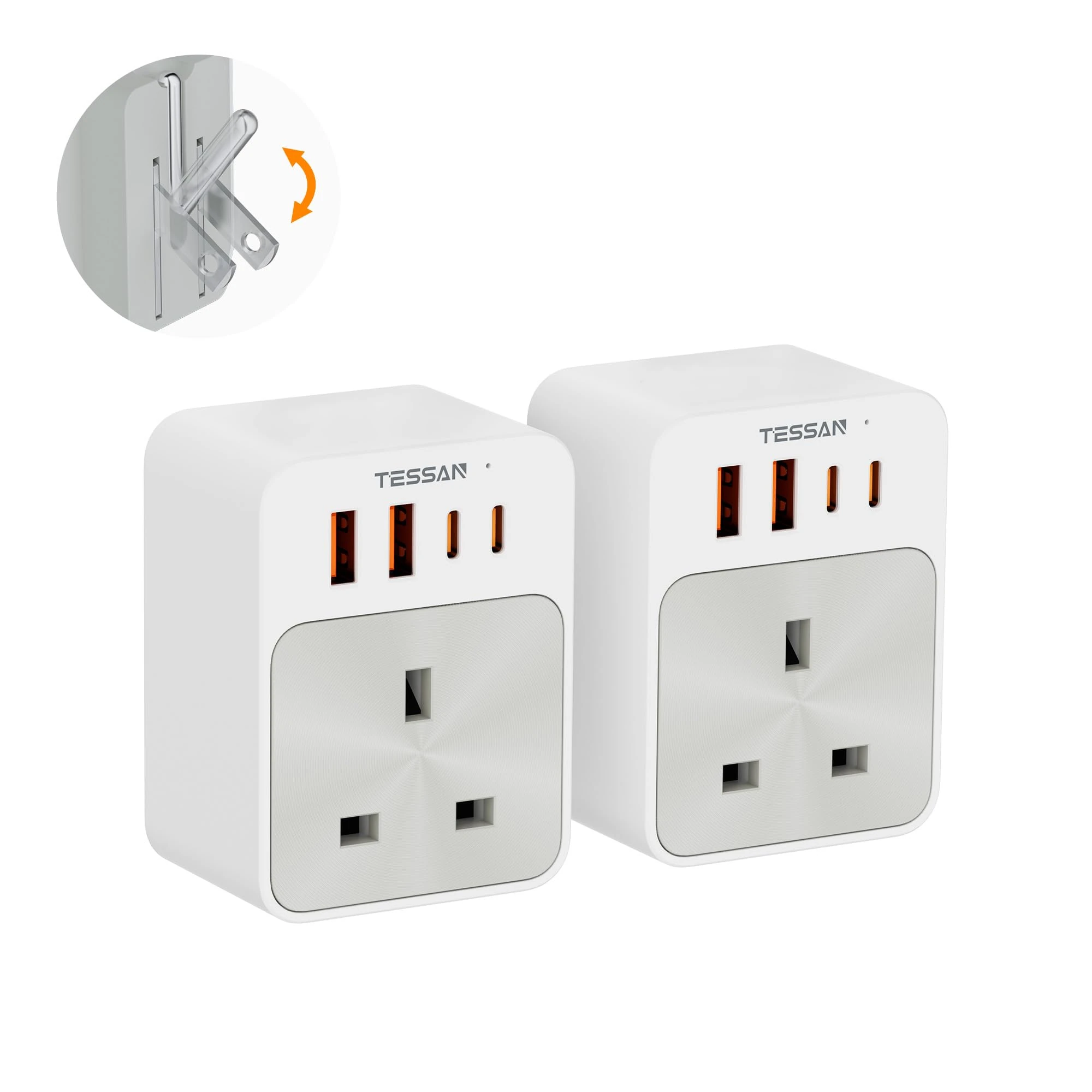 TESSAN UK to US Plug Adaptor 2 Pack, Foldable USA Travel Adapter with USB C (20W Fast Charging) and USB A, American Plug Adapter UK to Mexico, Canada, Thailand, Philippines, Peru(Type B)