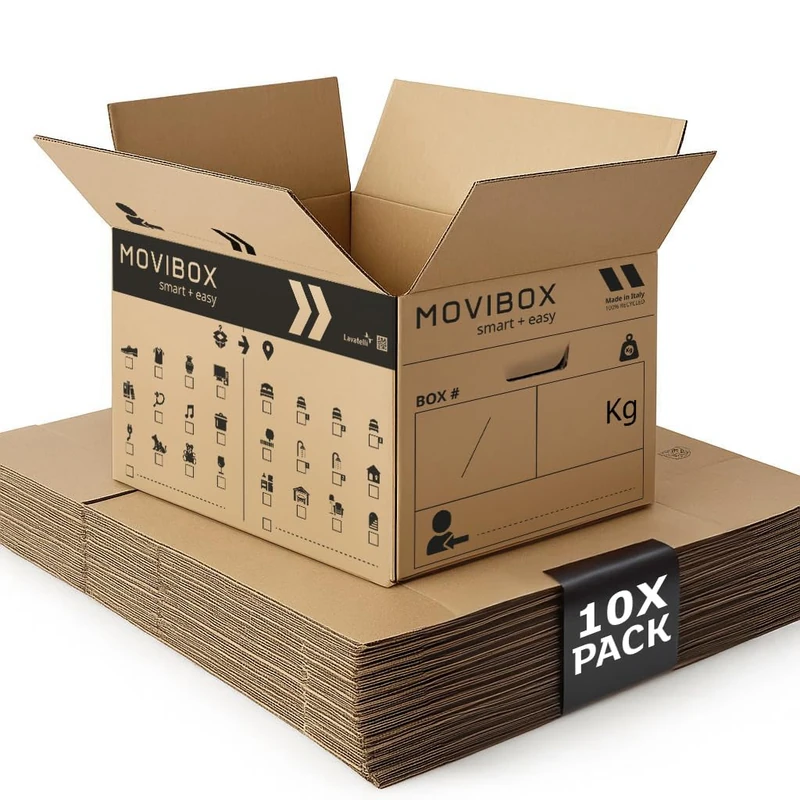 Lavatelli Movbox – 10 Moving Boxes 50 x 35 x 35 cm Universal Size – Double Wave Robust – With Symbols Content and Room Destination, Pre-Cut Handles – Cardboard Boxes, Made in Italy