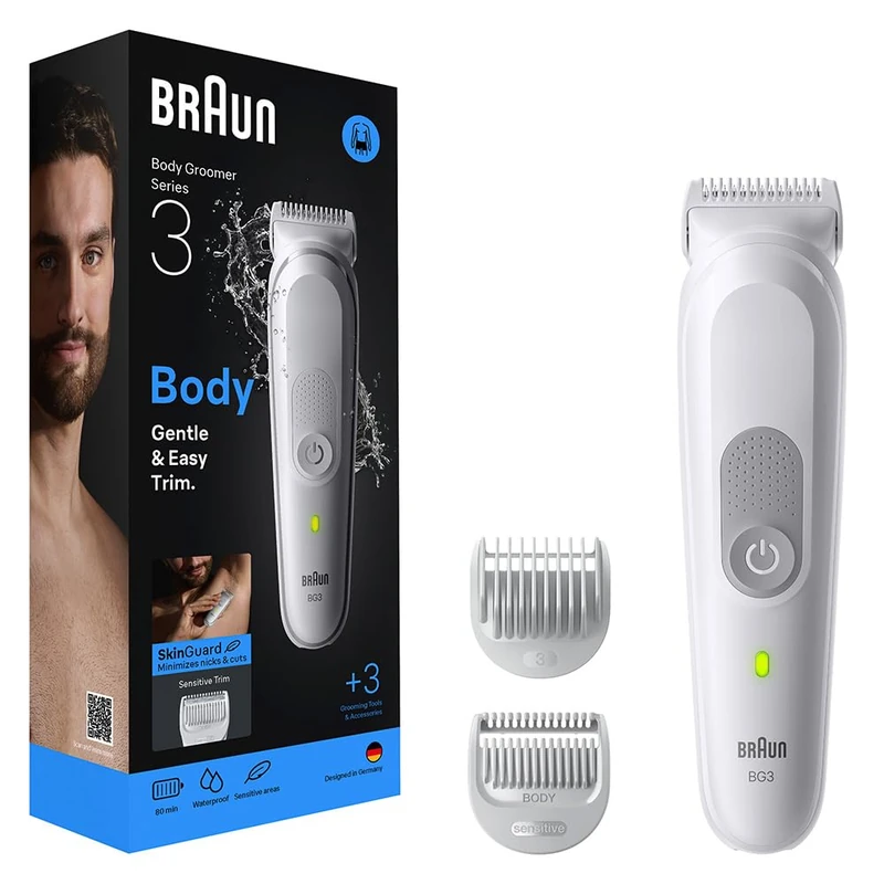 Braun Series 3 Body Trimmer, +3 Care Tools with SkinGuard Technology, 80 Minute Runtime, Gentle for Sensitive Places, Care and Trimming, Waterproof, BG3530, Gray