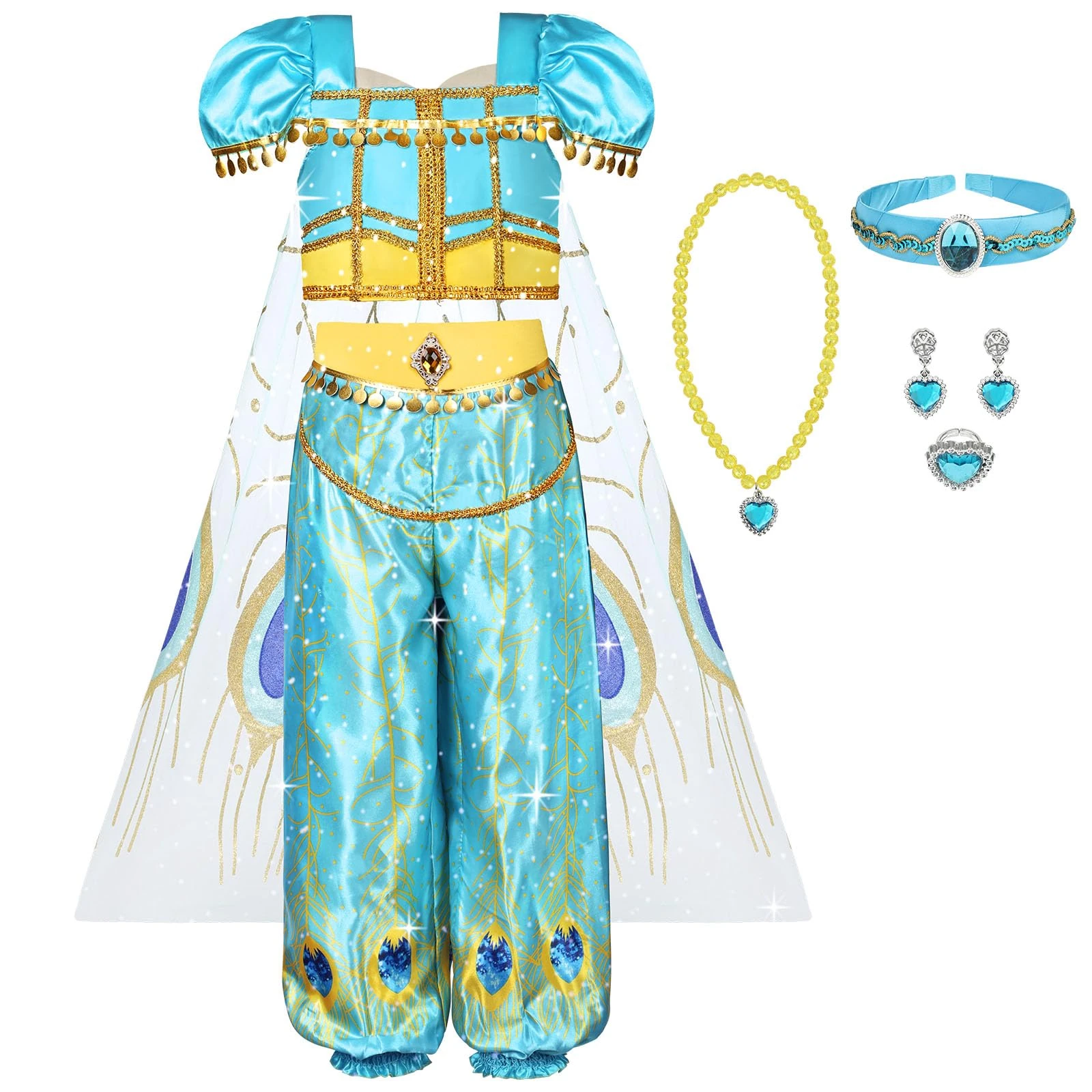AUYAO Jasmine Princess Costume for Girls Aladdin Jasmine Costume, Aladdin Dress Up Fancy Dress Outfit Sequined Dance Costume Outfit for Cosplay Halloween World Book Day Party Birthday Party(110)